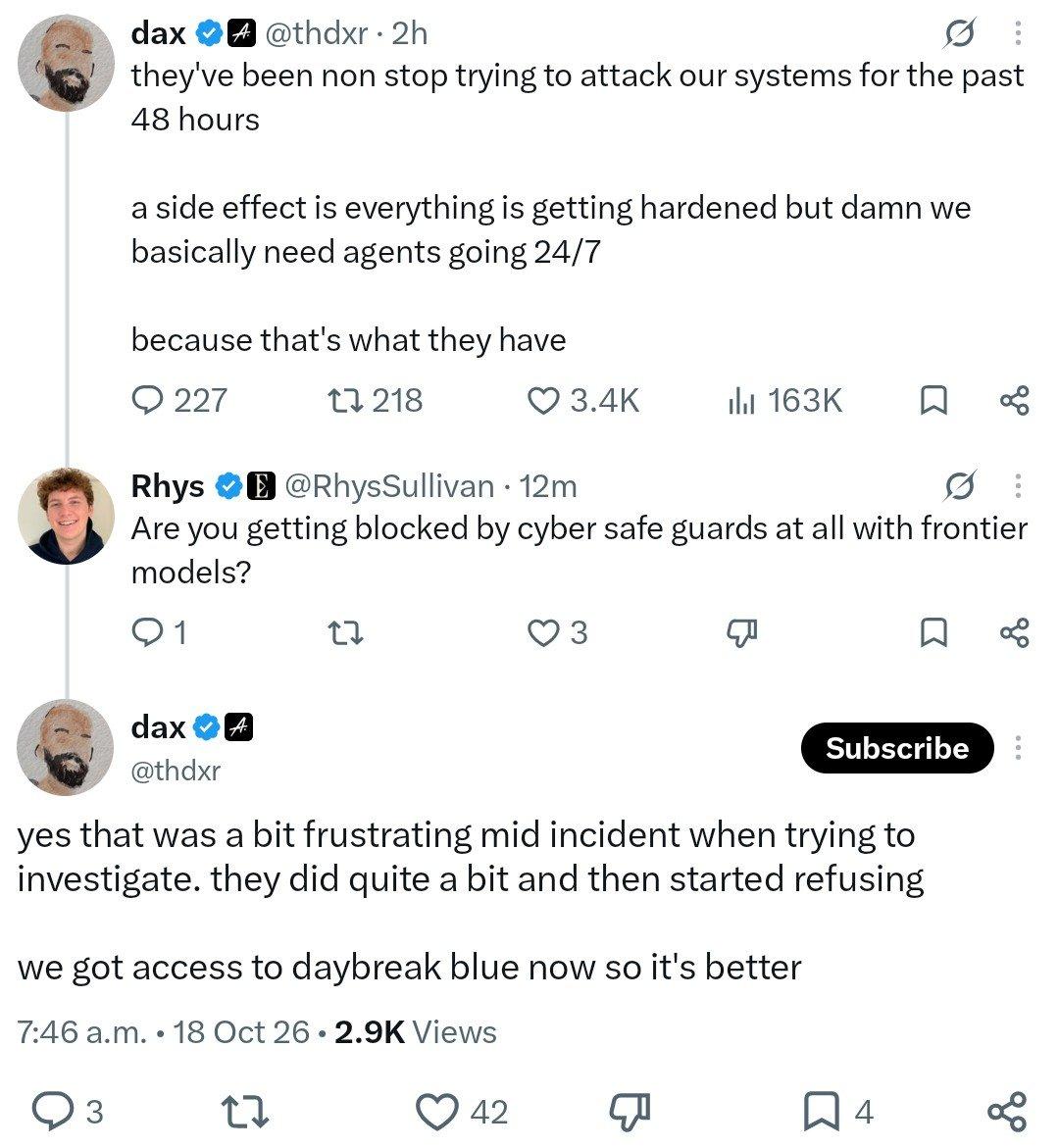 Screenshot of an X thread. Dax (@thdxr) writes: "they've been non stop trying to attack our systems for the past 48 hours. a side effect is everything is getting hardened but damn we basically need agents going 24/7 because that's what they have." Rhys (@RhysSullivan) replies: "Are you getting blocked by cyber safe guards at all with frontier models?" Dax answers: "yes that was a bit frustrating mid incident when trying to investigate. they did quite a bit and then started refusing. we got access to daybreak blue now so it's better." Dated 18 Oct 26.
